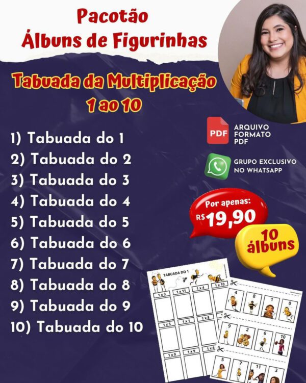 Pacotão álbuns de figurinhas da tabuada do 1 ao 10