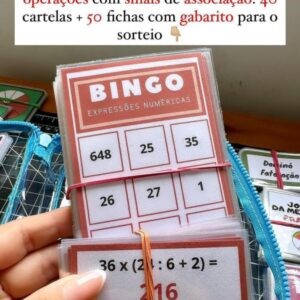 Bingo expressões numéricas 4 operações com sinais de associação - 40 cartelas e 50 fichas